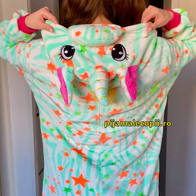 Pijama tip salopeta pufoasa, pentru copii, KIGURUMI, model unicorn turcoaz, cu stelute 