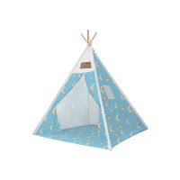 Set cort pentru copii, Teepee Montessori 165x120x120, model in stil indian,  imprimeu cu stelute, in nuante de bleu