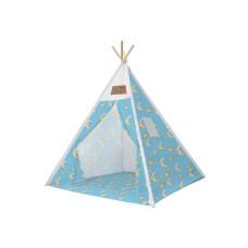 Set cort pentru copii, Teepee Montessori 165x120x120, model in stil indian,  imprimeu cu stelute, in nuante de bleu
