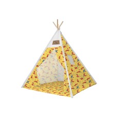 Set cort pentru copii, Teepee Montessori 165x120x120, model in stil indian, imprimeu cu vulpite, in nuante de galben
