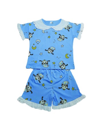 Pijama cu guleras pentru fetite, albastra cu maimutele