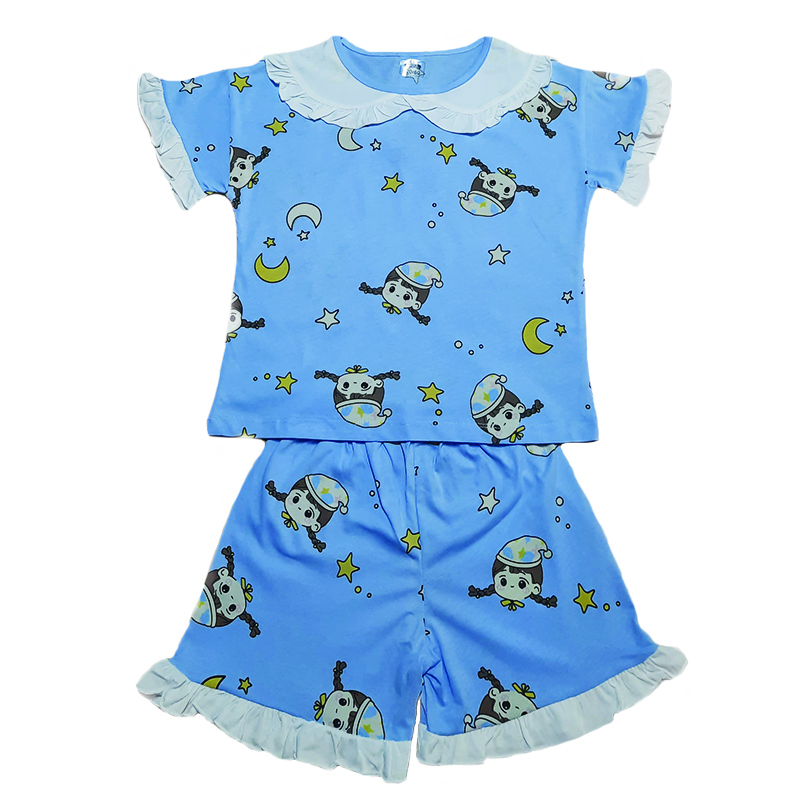 Pijama cu guleras pentru fetite, albastra cu maimutele
