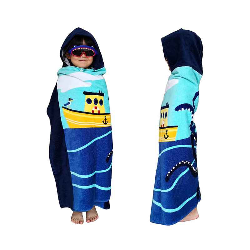 Prosop de baie copii poncho, culoare albastru cu negru, model cu caracatita 120x60cm