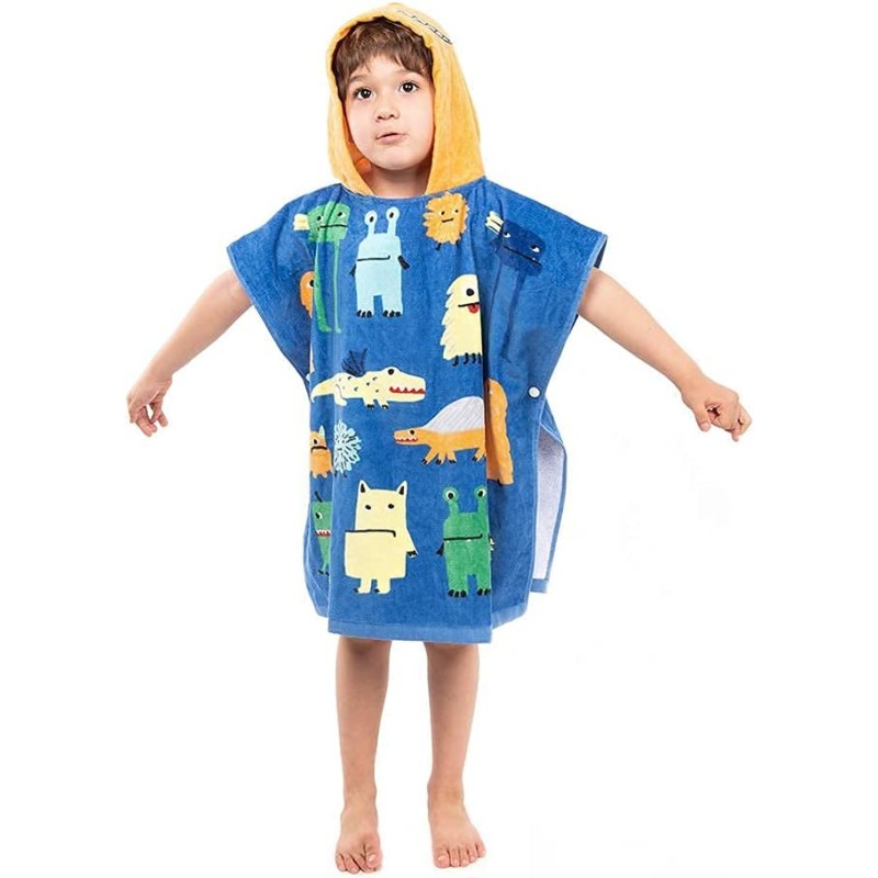 Prosop de baie copii tip poncho, culoare albastru cu portocaliu, model monstruleti, 70x60cm