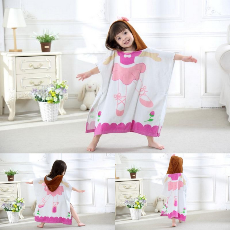 Prosop de baie copii tip poncho, culoare alb-roz, model balerina, 60 x 60cm