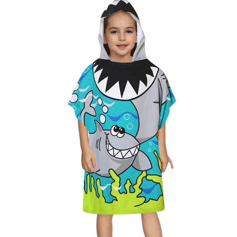 Prosop de baie copii tip poncho, culoare bleu, model cu rechinul prietenos, 60x60cm