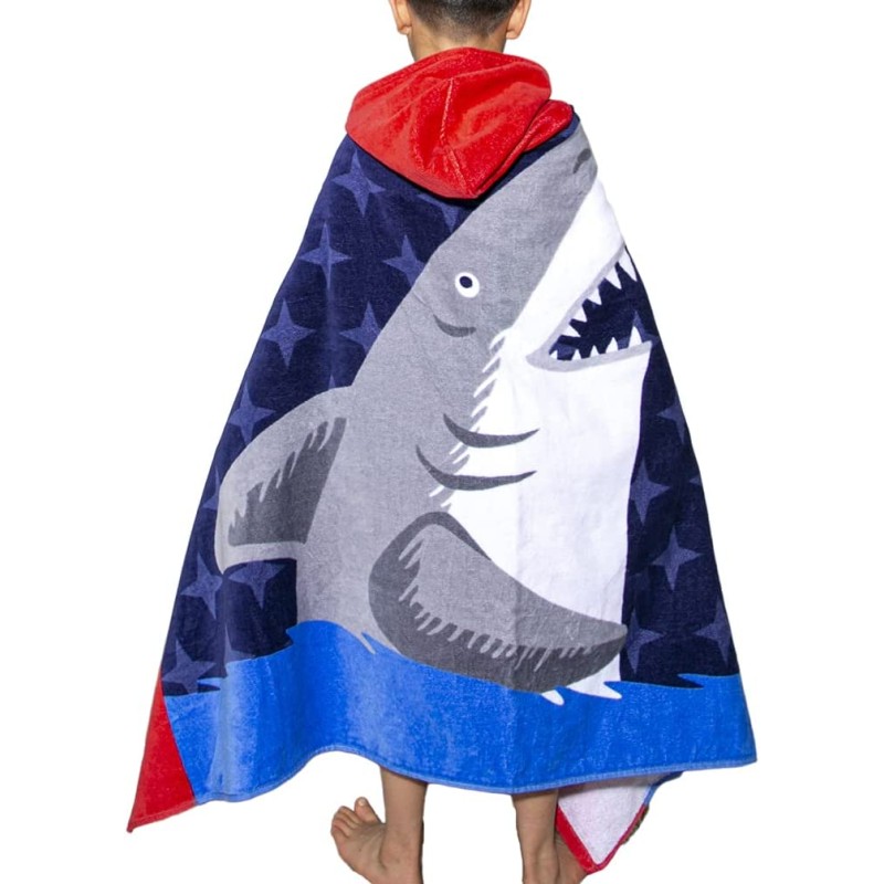 Prosop de baie copii tip poncho, multicolor, model cu rechinul fioros, 120x60cm