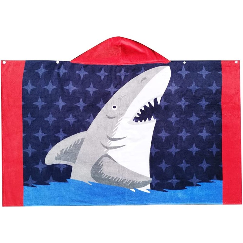 Prosop de baie copii tip poncho, multicolor, model cu rechinul fioros, 120x60cm