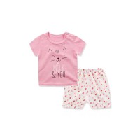 Pijama de vara, pentru copii, culoare roz-alb, model cu pisicuta zambareata