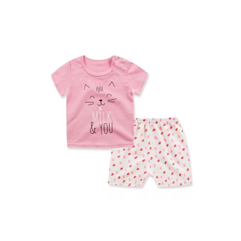 Pijama de vara, pentru copii, culoare roz-alb, model cu pisicuta zambareata