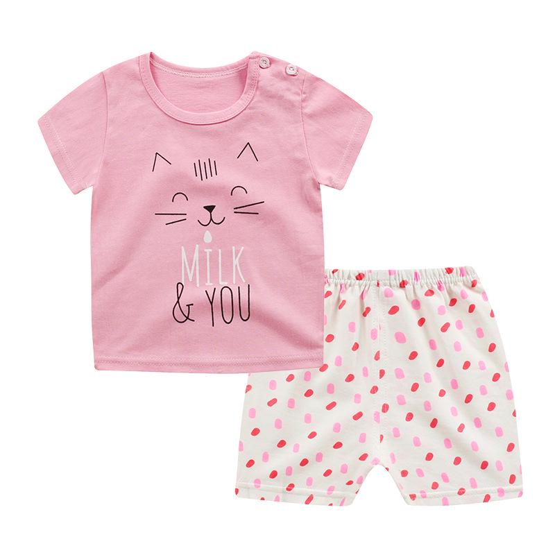 Pijama de vara, pentru copii, culoare roz-alb, model cu pisicuta zambareata