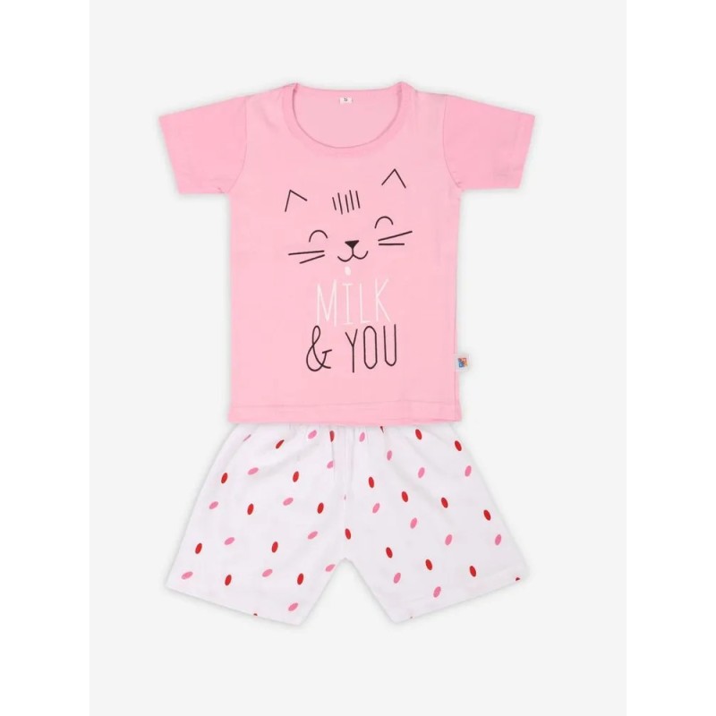 Pijama de vara, pentru copii, culoare roz-alb, model cu pisicuta zambareata