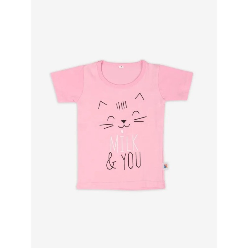 Pijama de vara, pentru copii, culoare roz-alb, model cu pisicuta zambareata