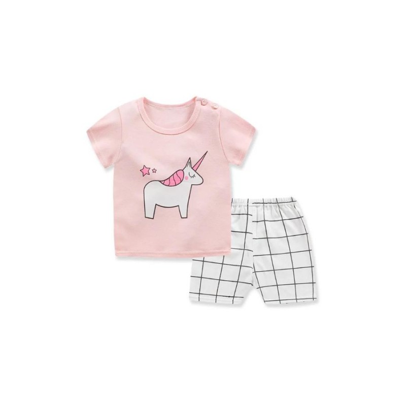 Pijama de vara, pentru copii, culoare roz-alb, model cu unicorn somnoros